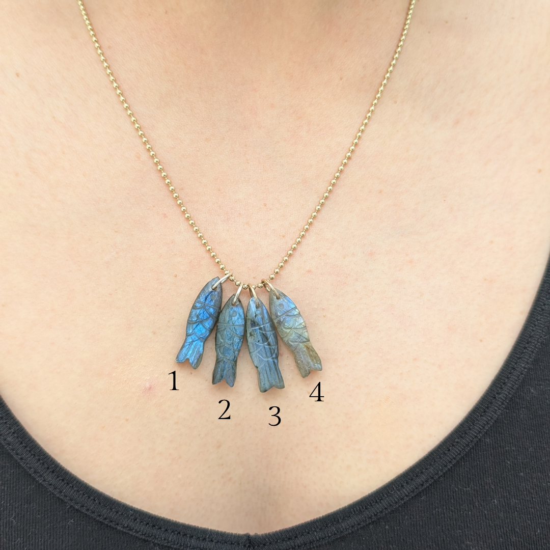 Necklace with blue stone pendants worn by a person