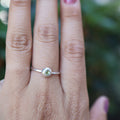 Hand wearing a silver ring with a green gemstone against a blurred natural background