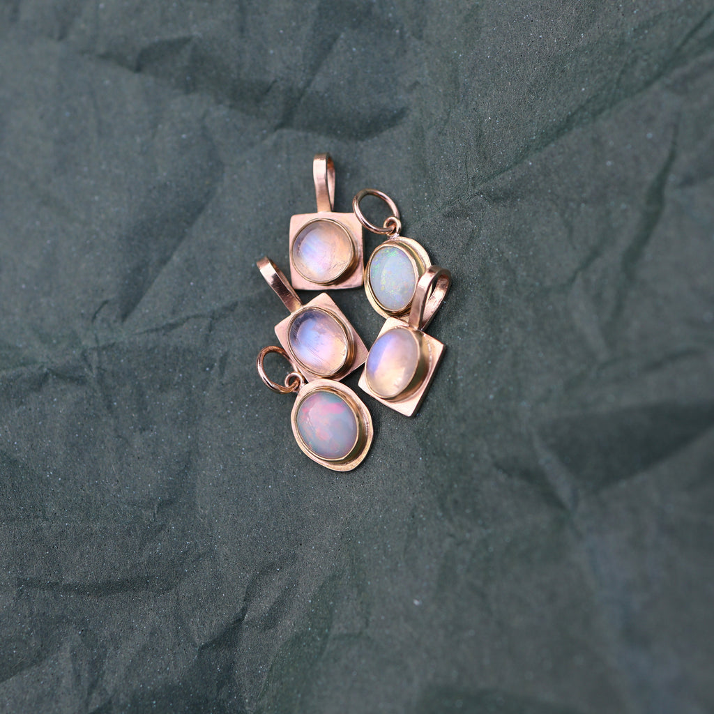 Oval Sugarcube Charm no. 2 - rainbow moonstone and 10k gold