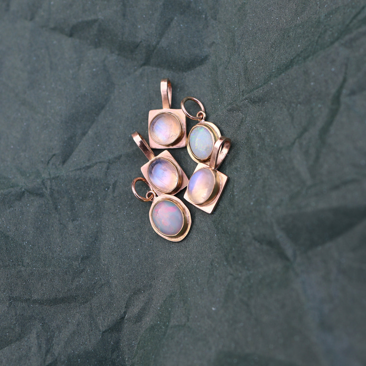 Oval Sugarcube Charm no. 2 - rainbow moonstone and 10k gold