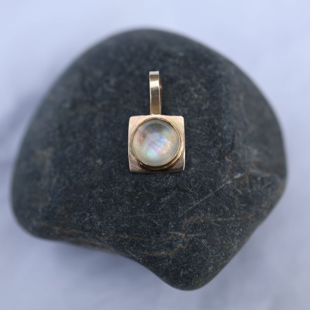 Round Sugarcube Charm no. 2 - rainbow moonstone and 10k gold
