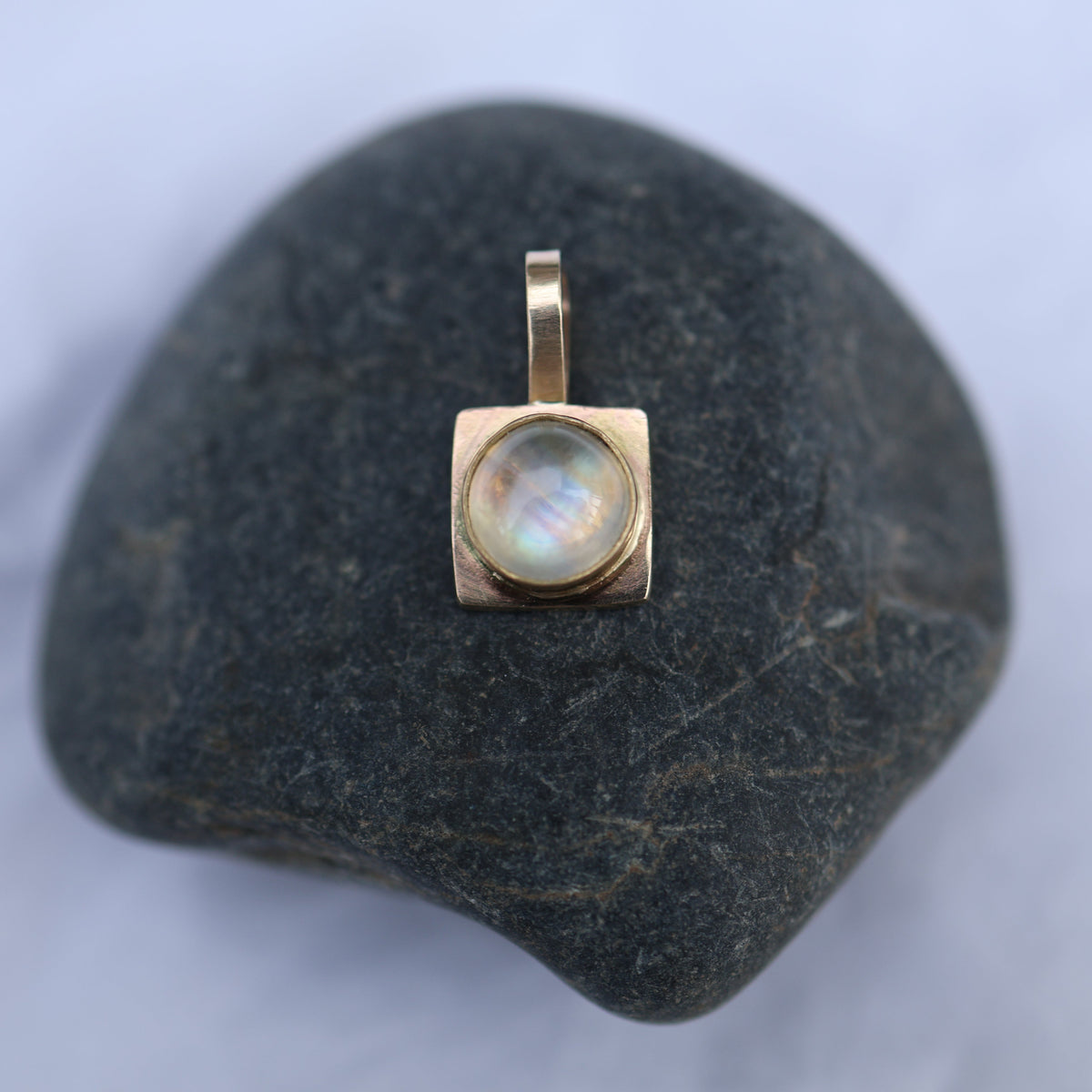 Round Sugarcube Charm no. 2 - rainbow moonstone and 10k gold