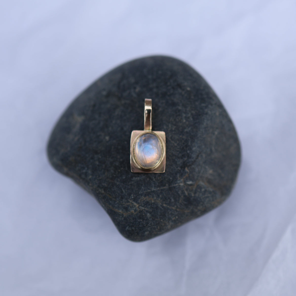 Oval Sugarcube Charm no. 2 - rainbow moonstone and 10k gold
