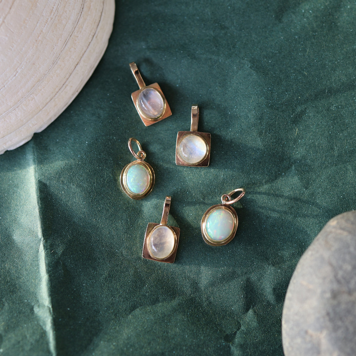 Oval Sugarcube Charm no. 2 - rainbow moonstone and 10k gold