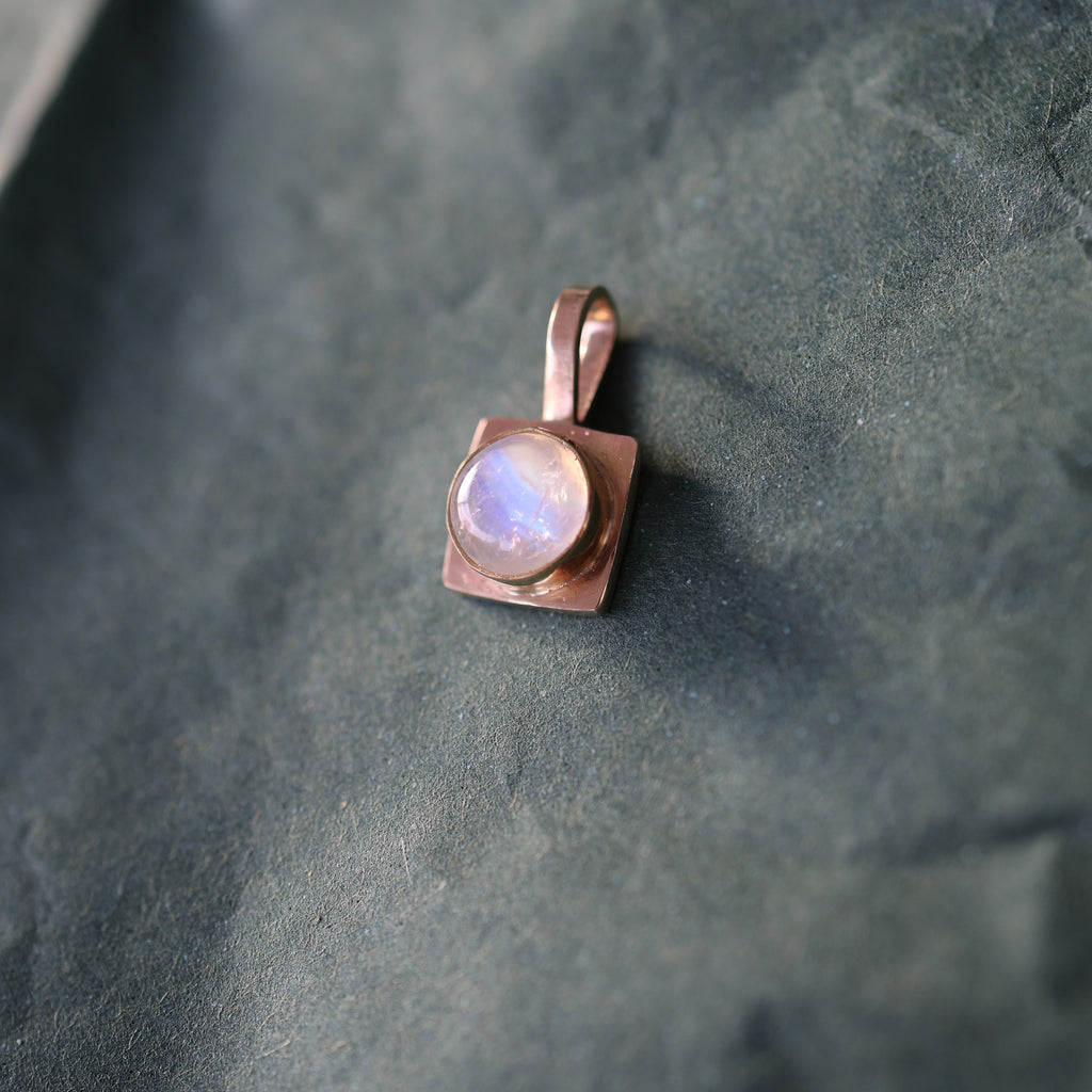 Round Sugarcube Charm no. 2 - rainbow moonstone and 10k gold