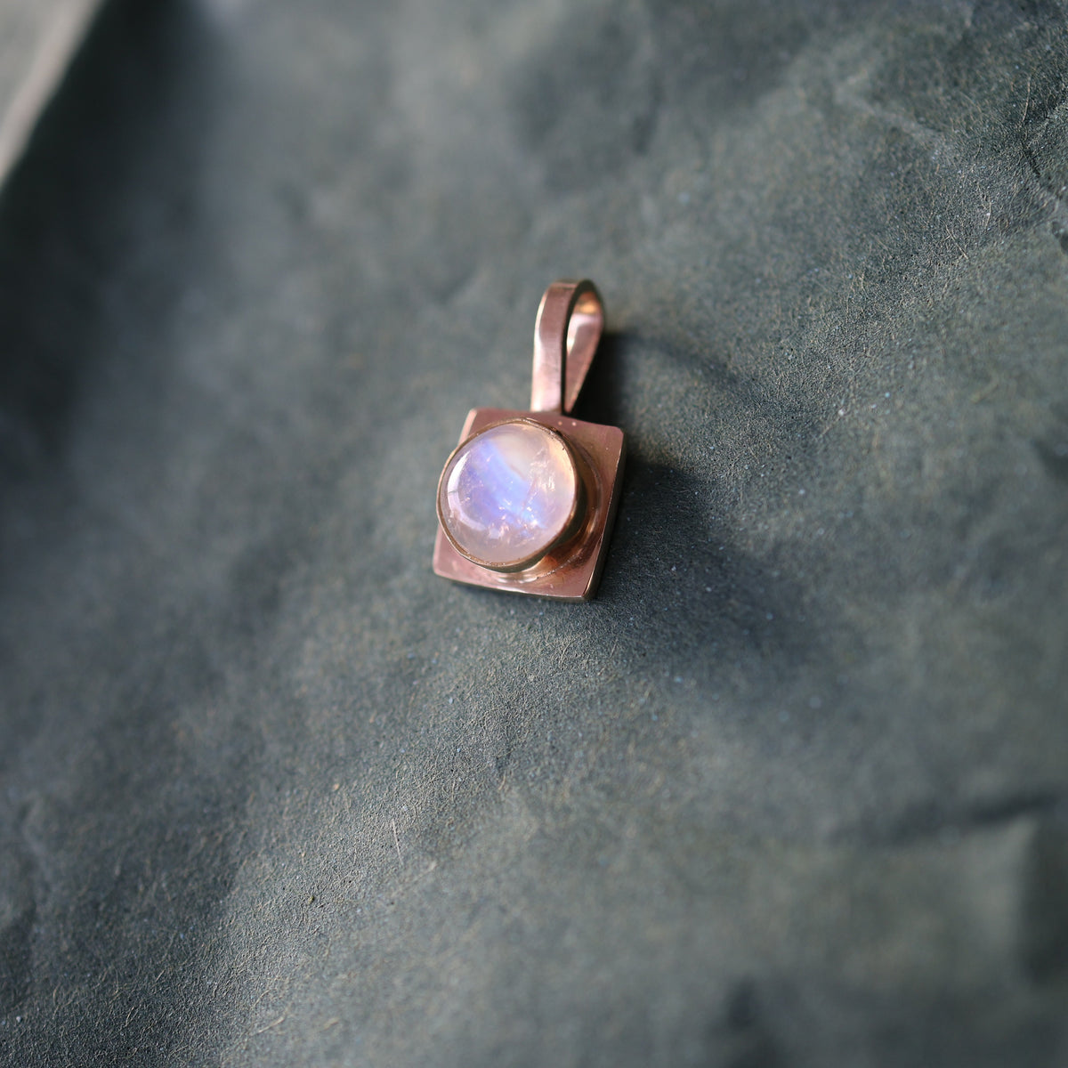 Round Sugarcube Charm no. 2 - rainbow moonstone and 10k gold