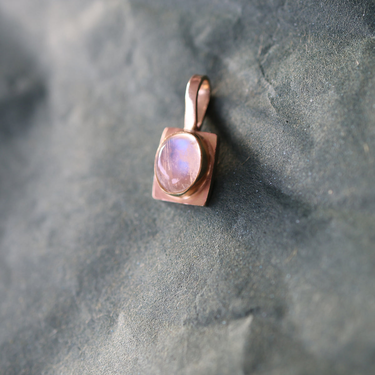 Oval Sugarcube Charm no. 2 - rainbow moonstone and 10k gold