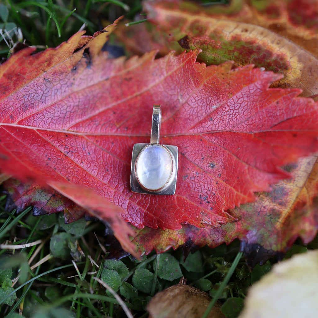 Oval Sugarcube Charm no. 1 - rainbow moonstone and 10k gold