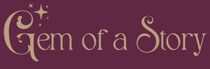 Logo 'Gem of a Story' text in gold with decorative star elements on a burgundy background