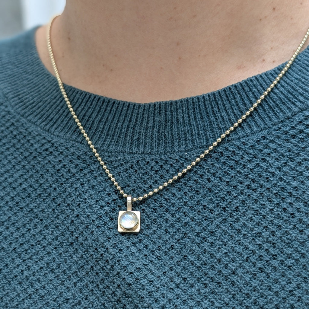 Round Sugarcube Charm no. 2 - rainbow moonstone and 10k gold