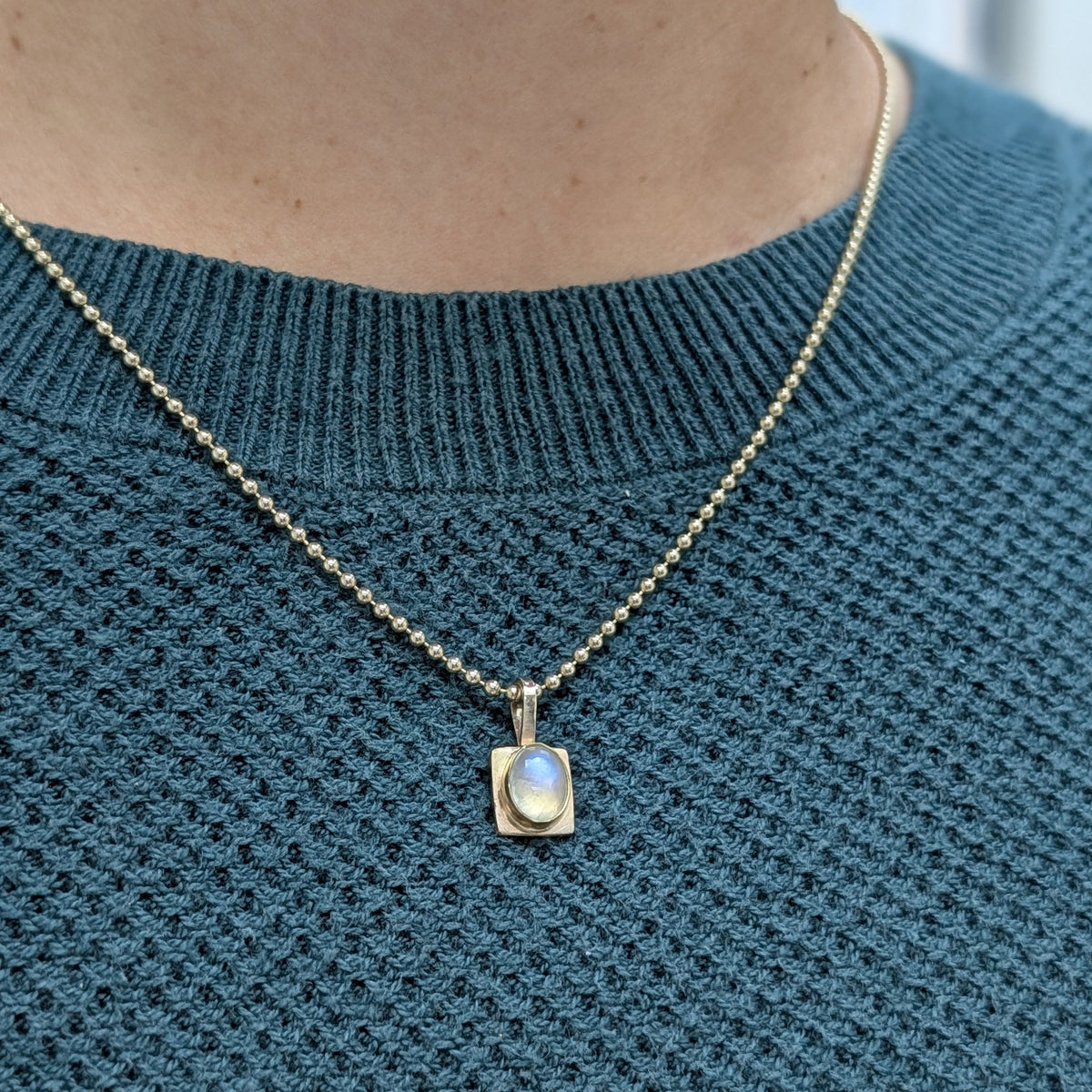 Oval Sugarcube Charm no. 1 - rainbow moonstone and 10k gold