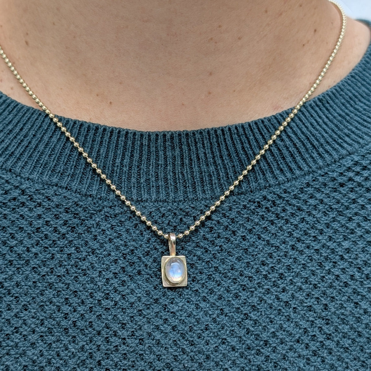 Oval Sugarcube Charm no. 2 - rainbow moonstone and 10k gold