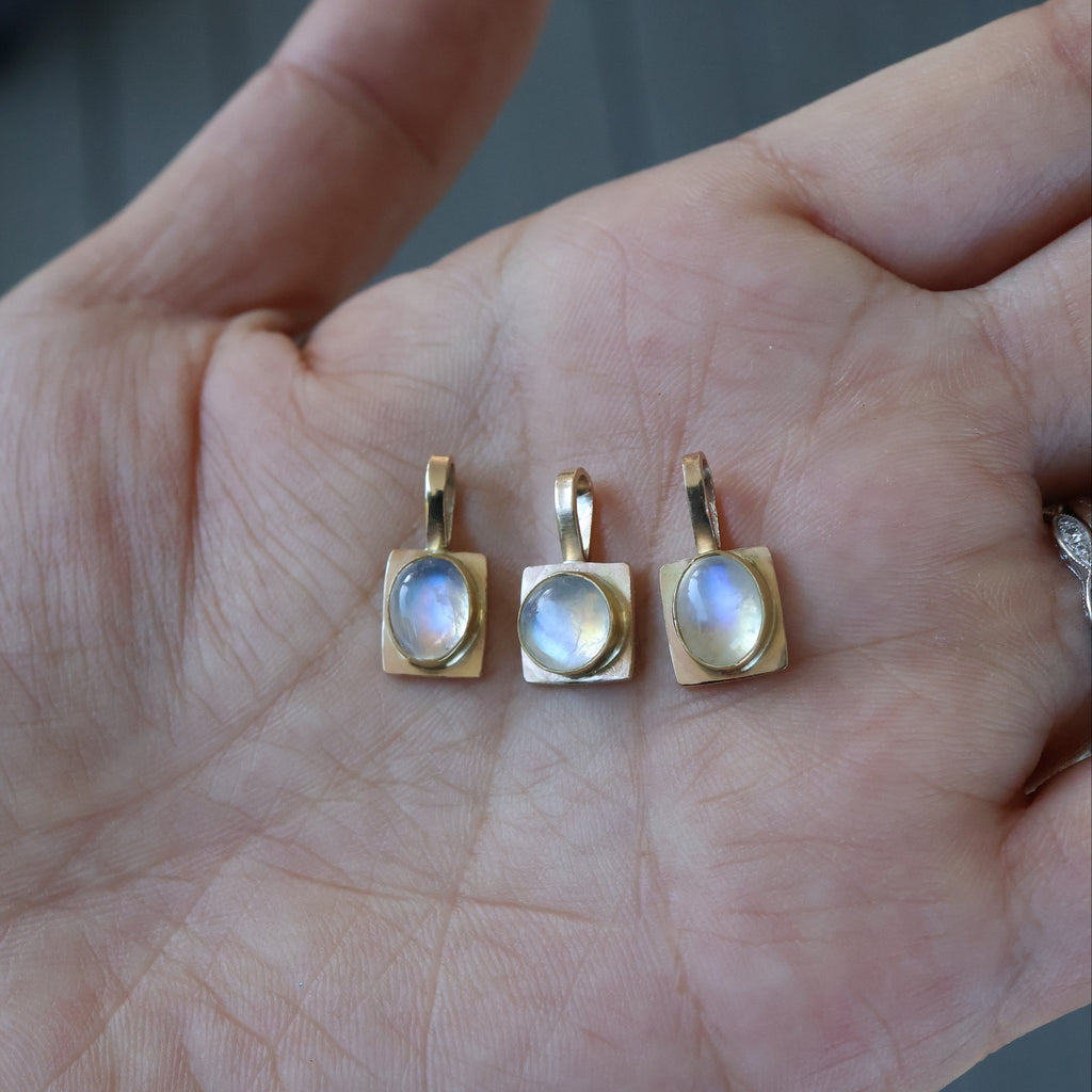 Oval Sugarcube Charm no. 2 - rainbow moonstone and 10k gold